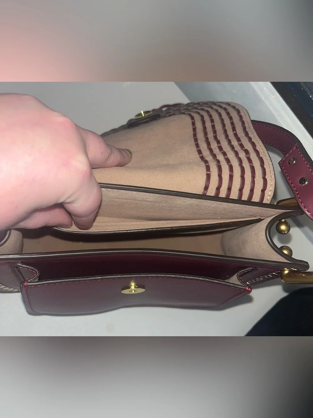 Braided Accent Shoulder Bag in Wine Red with Gold Hardware